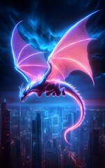 Wall Mural - a robotic dragon with glowing wings soaring over a neon-lit cyberpunk skyline