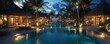 © moon - luxurious tropical resort at night serene swimming pool palm trees thatched-roof villas cinematic lighting elegant