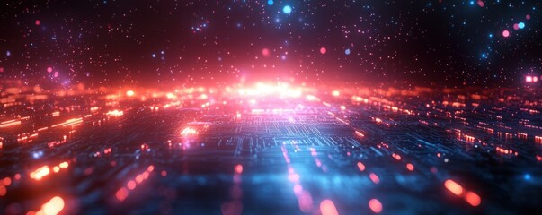 Futuristic Digital Technology Abstract Background with Neon Circuitry and AI Elements in Vibrant Gradient