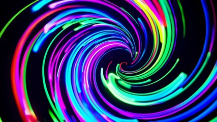 Poster - Spiral of vibrant neon light trails on black background, energy and movement concept