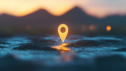 Fototapete - Icon Pin Location Spot A spotlight shining on a pin icon in the center of a dark map, highlighting a specific area, dramatic lighting, mystery theme.