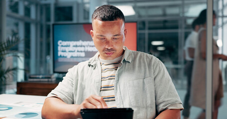 Poster - Research, business man and tablet in office with data for campaign performance or stats. Technology, serious and worker in creative startup with charts on overtime as health brand specialist at night