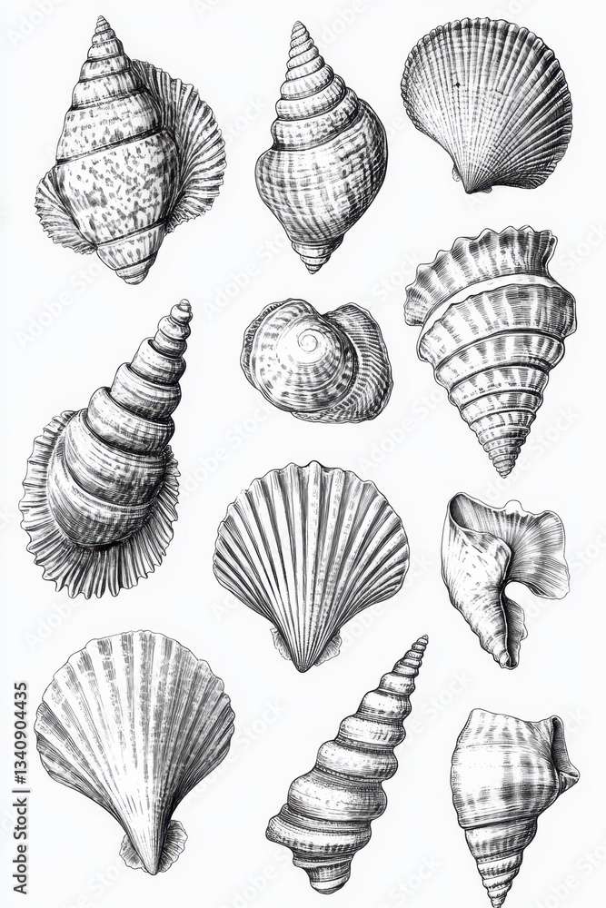 Ink drawing of different sea shells in vintage style on white ...
