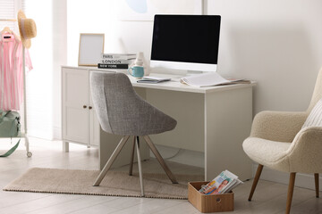 Poster - home office. comfortable workplace near white wall. desk with computer and other furniture in room