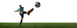 © Lustre Art Group  - Banner. Explosive motion capture of skilled footballer delivering forceful shot, cleats striking ball mid-air with full intensity against stadium setting. Concept of sport match, determination.