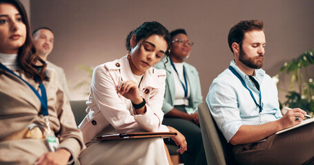 Poster - Conference, bored and audience of business woman check time for presentation, seminar and convention. Professional, corporate and men and women with watch for meeting, training event and workshop
