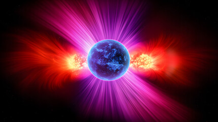 Wall Mural - artistic visualization of a planet surrounded by a bright red and blue star with solar wind interact