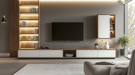  Modern living room featuring a sleek wooden TV unit with white panel doors, open bookshelves