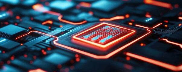Cybersecurity and technology in network security concept. Close-up view of a vibrant microchip with glowing circuitry.