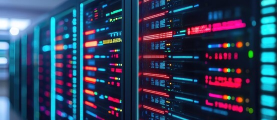 Cybersecurity in cyberspace network security protection concept. Abstract view of data servers with colorful LED lights.