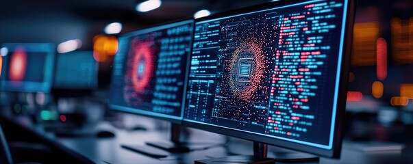 Cybersecurity and technology in network security concept. High-tech monitors displaying complex data analysis and graphics.