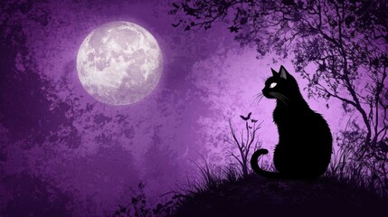Naklejka na meble Black Cat Silhouetted Against Purple Night Moon