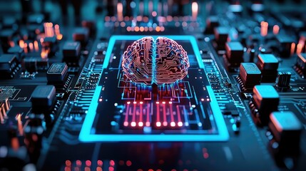 Artificial intelligence circuit and brain science concept. Futuristic digital brain on a semiconductor circuit board.