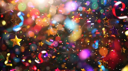 Wall Mural - A celebratory background of colorful confetti, stars and bokeh lights.