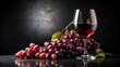© A.Rod - A glass of rich red wine rests beside a cluster of plump, dark red grapes, their vibrant color contrasting against a dramatically dark background.