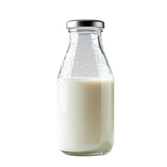 Fototapete - a bottle of milk, with a silver cap on the top. The milk is contained within the glass bottle, which is transparent and has some droplets on its surface. png