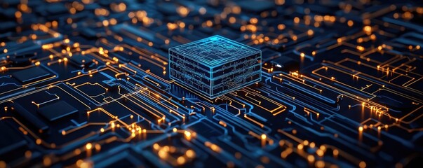 Artificial intelligence future network and data science concept. A futuristic circuit board with glowing components and structure.