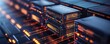 © Tin - Cloud technology private and public storage server concept. Futuristic server room showcasing advanced data storage and processing technology.