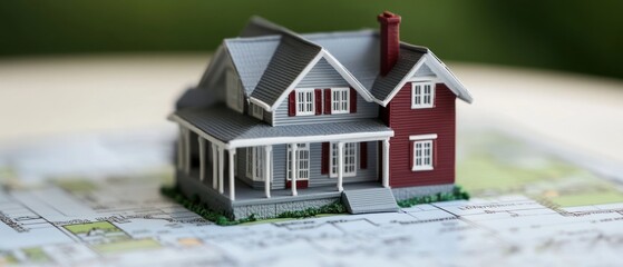 Miniature house model placed on architectural blueprint background