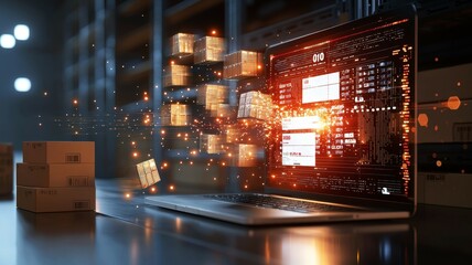 Supply chain logistics disruption. Digital Data Visualization on Laptop with E-commerce Elements