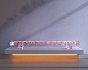 Wall Mural - transparent acrylic stand on a seamless white background creating a floating effect for product pres