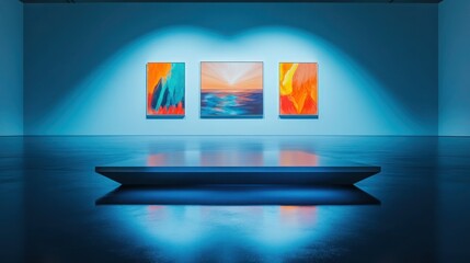 Wall Mural - a minimalist podium, bathed in a cool blue spotlight, sitting alone in an empty art gallery. the flo