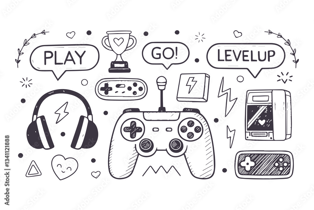 Hand Drawn Video Game Doodle Set: Retro Console, Joystick, Controller ...