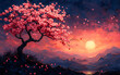 © Micro - Blossoming Cherry Tree at Sunset with Swirling Petals