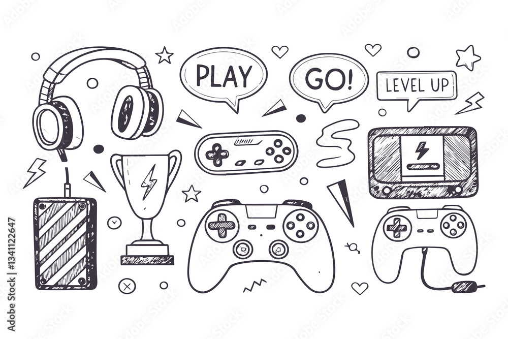 Hand Drawn Video Game Doodle Set: Retro Console, Joystick, Controller ...