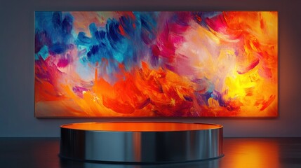 Wall Mural - A metallic podium bathed in a rich orange spotlight, placed before a large abstract painting with vivid colors. The spotlight adds a warm glow, creating a dynamic contrast in the gallery.