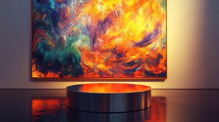 Wall Mural - a metallic podium bathed in a rich orange spotlight, placed before a large abstract painting with vi