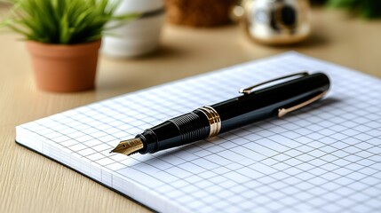 A black pen is lying on the white notebook with grid paper, on a light wooden table. The background is blurred. A close-up photo taken from above. 