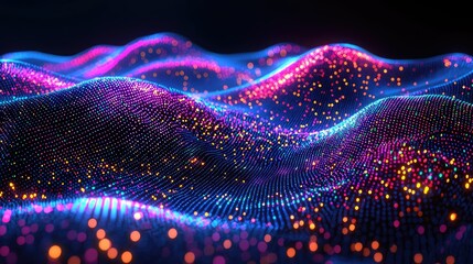Wall Mural - abstract digital landscape of glowing colorful particle waves on dark background