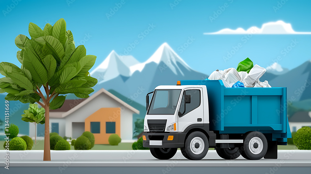 Garbage truck collecting waste in residential area urban environment ...