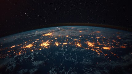 Wall Mural - from space, a panoramic view of the planet earth globe reveals glowing city lights and light clouds,