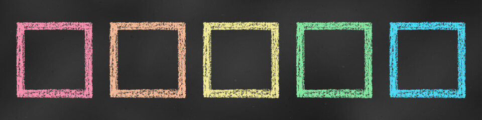 Wall Mural - Realistic Chalk Drawn Sketch. Set of Design Elements Colorful Square Frames Isolated on Chalkboard Backdrop.