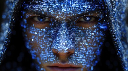 A man's face is shown in a blue and white digital pattern