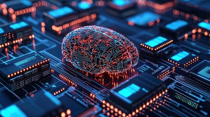 Artificial intelligence brain in database computing concept. A digital representation of a brain on a microchip circuit.