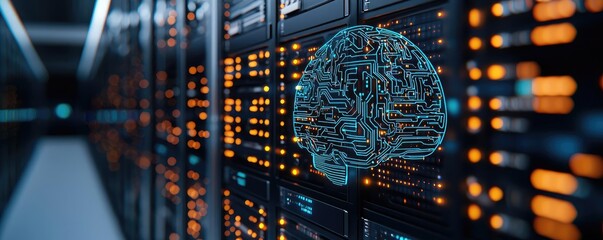 Artificial intelligence computing in future cyberspace concept. Digital brain concept overlaying high-tech server room.
