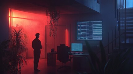 Futuristic workspace with code screen and thoughtful programmer in vibrant lighting