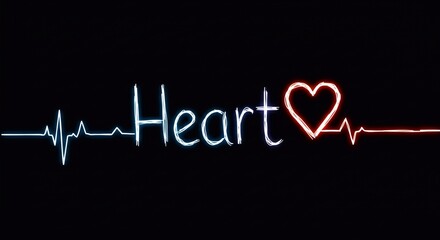 Wall Mural - the word heart, heartbeat line (ecg) and heart symbol on a black background