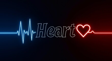 Wall Mural - the word heart, heartbeat line (ecg) and heart symbol on a black background