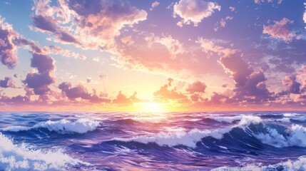 Wall Mural - beautiful sunset over the ocean with waves and clouds.