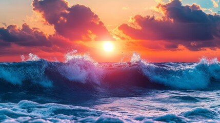 Wall Mural - beautiful sunset over the ocean with waves and clouds.
