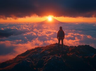 Wall Mural - a man stands on the top of a mountain, above him is an orange sunset with clouds and rays of light s