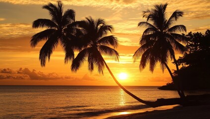 Wall Mural - beautiful tropical landscape. sunset over an exotic island, with palm trees and mountains in the bac