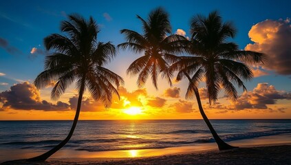 Wall Mural - beautiful tropical landscape. sunset over an exotic island, with palm trees and mountains in the bac