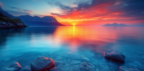 Wall Mural - beautiful sunset over the sea, with rocks on the shore, pebbles, a colorful sky clouds and mountains