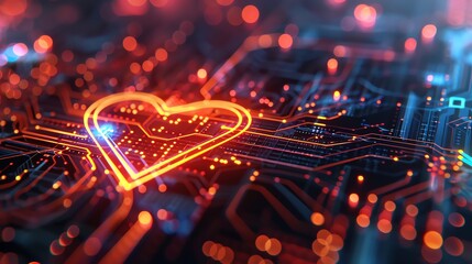 Wall Mural - a glowing, red heart symbol on a circuit board with colorful lights.