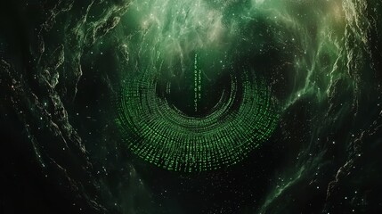 Binary code is set against a dark green background, representing a conceptual technology